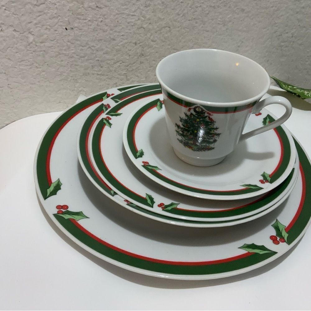 Pacific Rim CHRISTMAS TREE Porcelain  dinner salad plates Cups & Saucers 5 piece